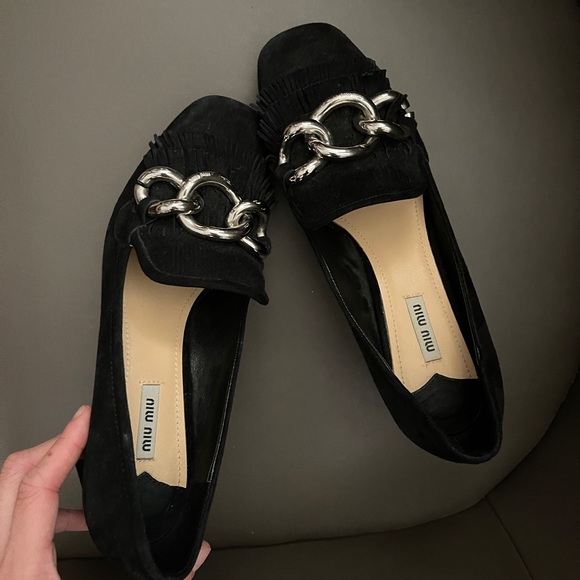 Miu Miu black mary jane pumps heeled sandals suede shoes with chains 5cm heels - Picture 4 of 5